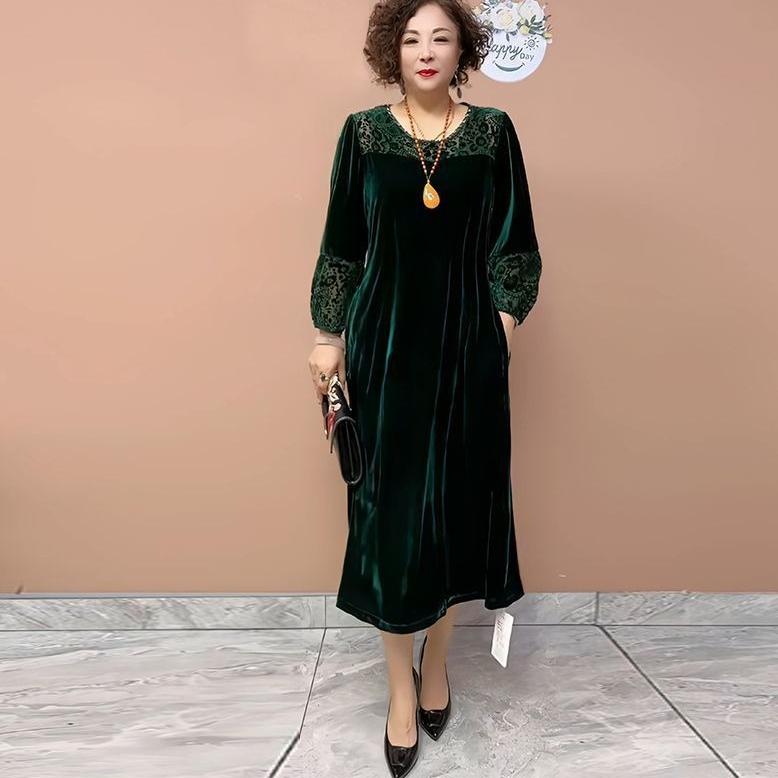 High-end Women's Plus Size Dress Long Gold Velvet Dress Crochet Loose A-line Silk Dress Autumn Winter