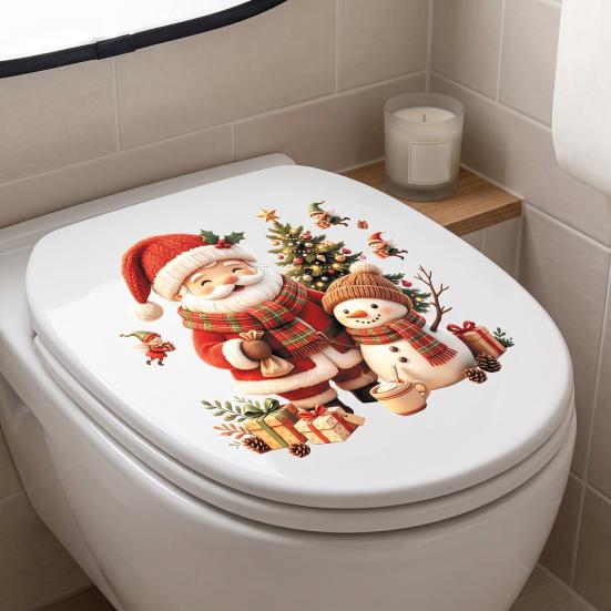 Removable Cartoon Wall Murals Cute Santa Snowman Christmas Decals, PVC Stickers with Party Room Decor Elf Gift Elements, Festive for Toilet