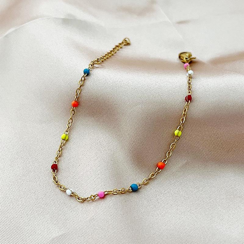 Gold Purple Beaded Chain Bracelet – Dainty Enamel Bead Minimalist Jewelry, Sweet Everyday Gift for Women