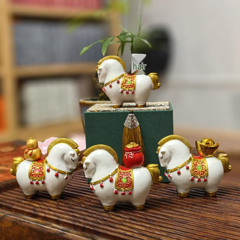 Chinese New Year Wealth & Fortune Gift Set: Year of the Horse Gold Painting with White Horse Decor