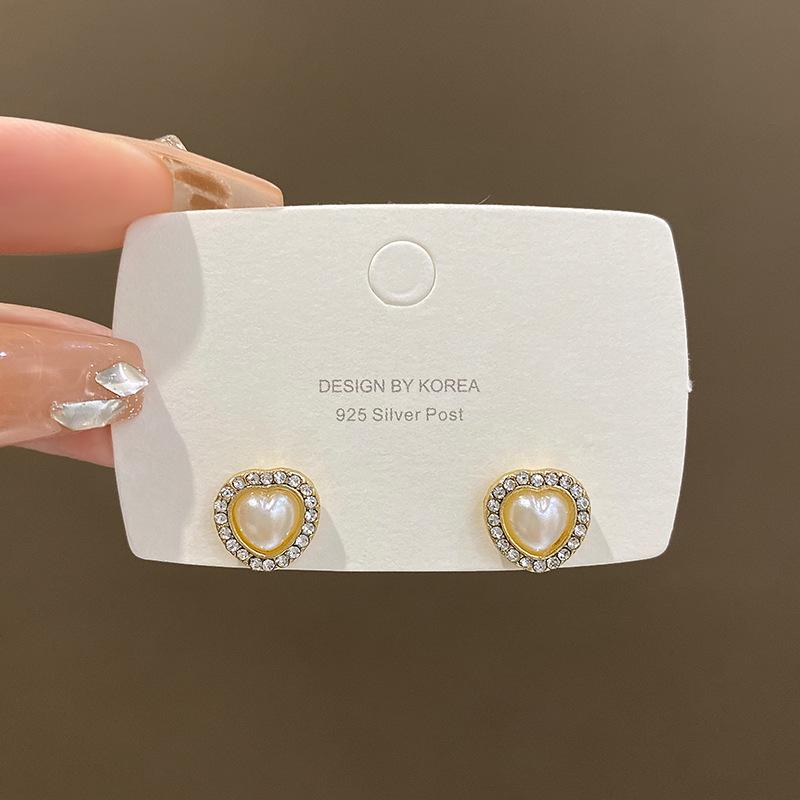 S925 silver needle pearl love stud earrings retro Hong Kong style small earrings Korean popular earrings