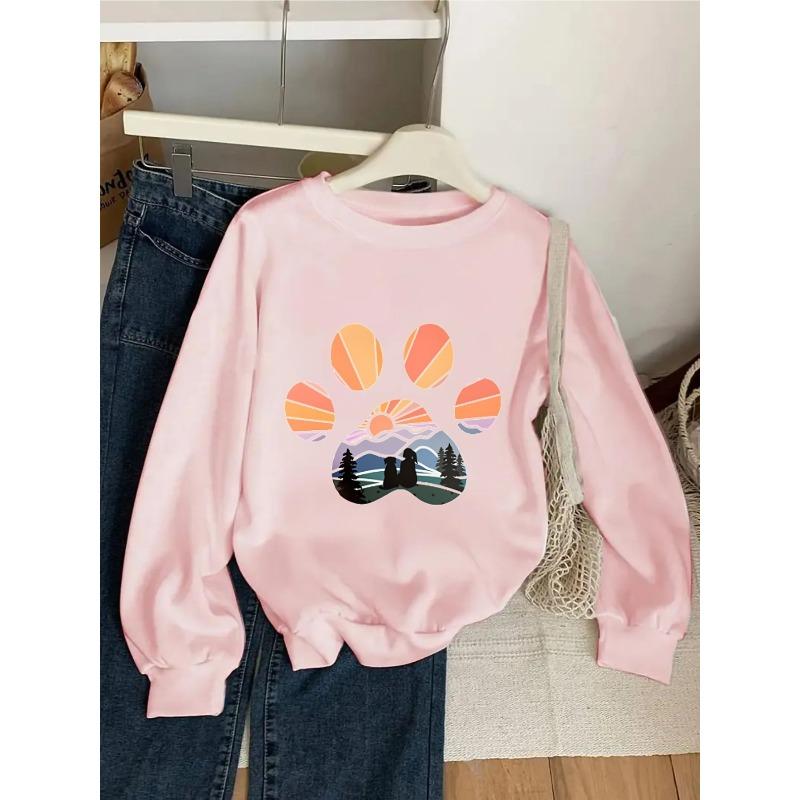 Kids Crewneck Sweatshirt, Sunset Mountain Tree Dog Paw Print, Spring Autumn Casual Sport Tops