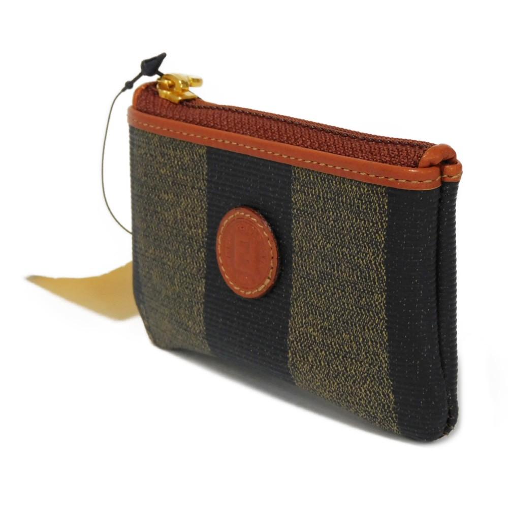 Used 11491 Old Pecan Coin Purse 7943 Striped Brown Key Ring Vintage FF Logo Fabric Kaiiki Unisex from Japan AUTHENTIC