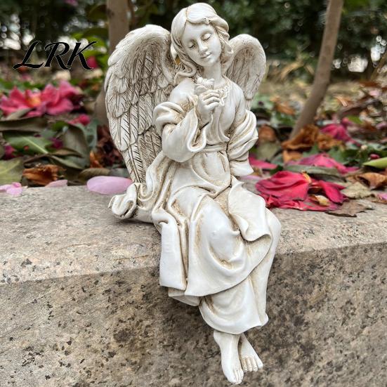Retro Angel Garden Decoration Winged Statue, Resin Praying Figurine, Elegant Healing Courtyard Ornament Sitting Sculpture for Outdoor Indoor