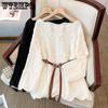 Spring and Autumn Mid To Long Loose Sweater Gentle Wind Lace One Shoulder Knitted Sweater for Women