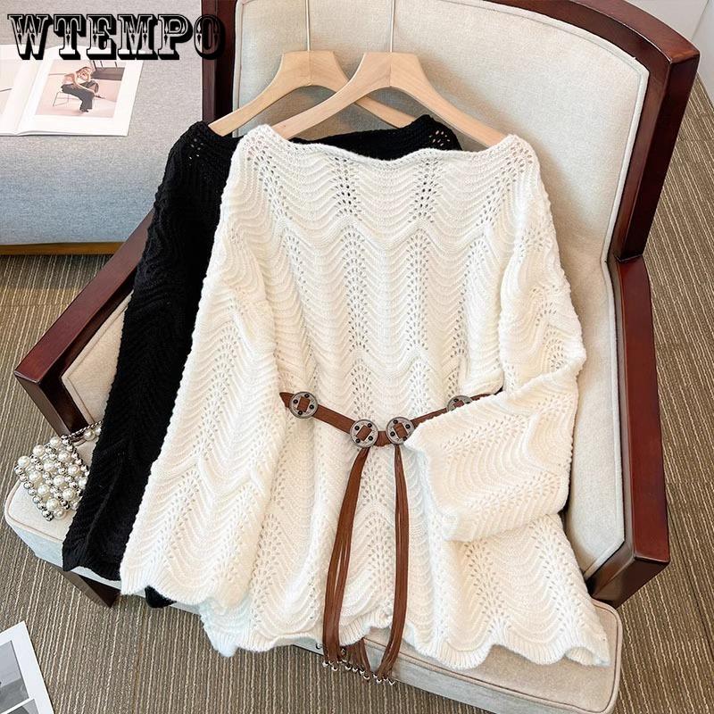 Spring and Autumn Mid To Long Loose Sweater Gentle Wind Lace One Shoulder Knitted Sweater for Women