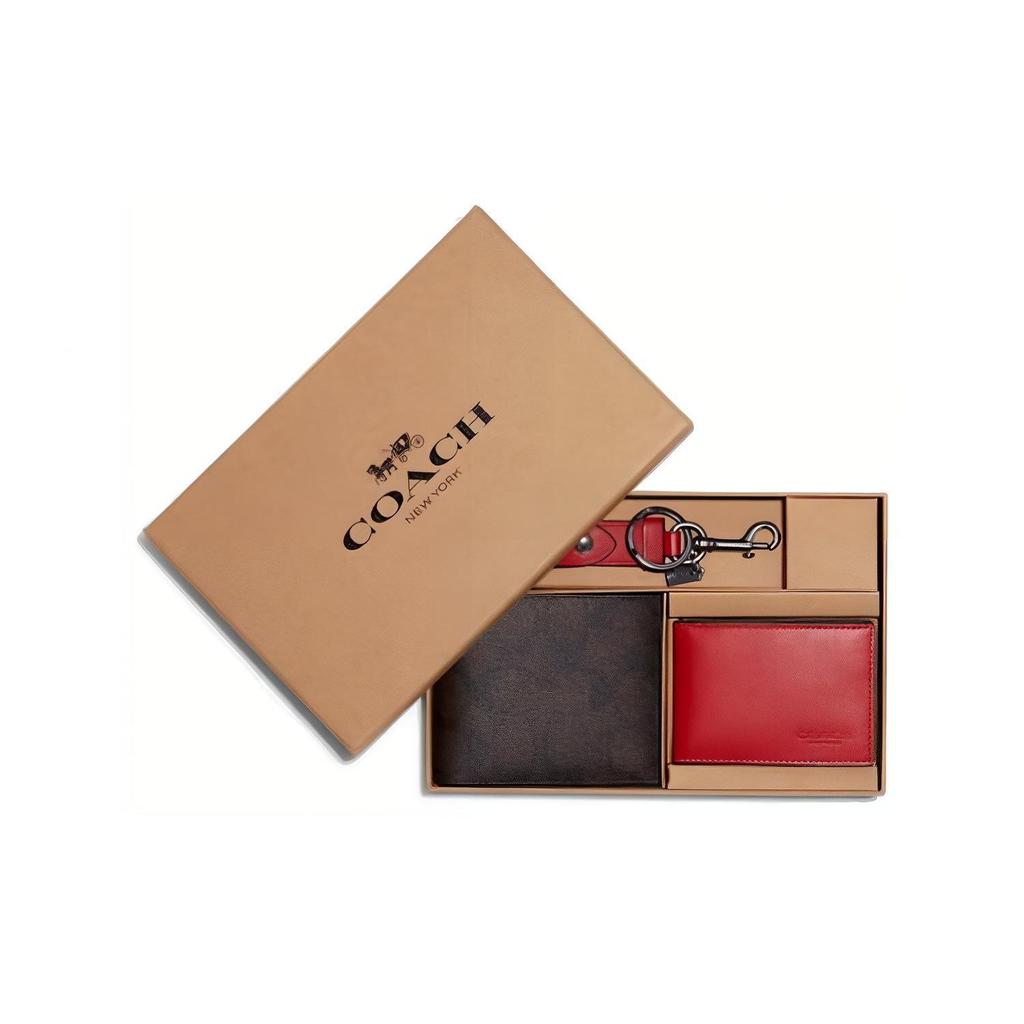 Coach 3 In 1 Wallet 11 Classic Monogram Foldable Short Wallet With Keychain Gift Box Men Wallet Brown Red C6790-QBTKA