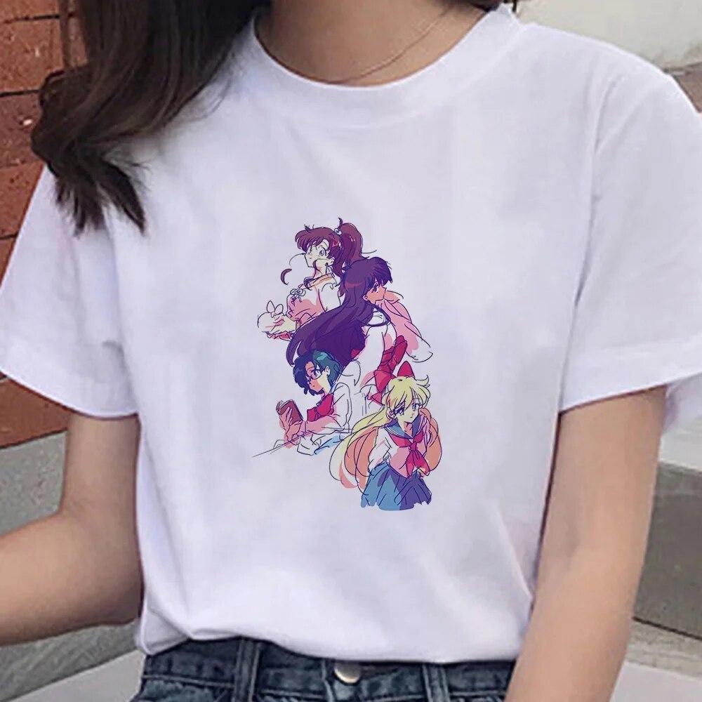 Cartoon Anime Sailor Graphic Moon Print 100 % Baumwolle T-Shirt Mode Goth Girl Kleidung Kurzarm Übergroßes Unisex Frauen T-Shirt Unisex