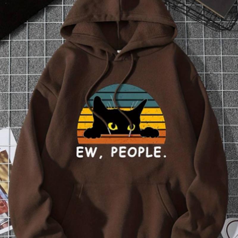 Womens Colorful Striped Cat Print Loose Hoodie Tops Blouse Sweatshirt Casual Long Sleeve Pullover Tops