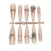 Almond Shaped Milk Tea Apricot Nails with Glitter, 3D Heart, and Large Diamond Art Stickers