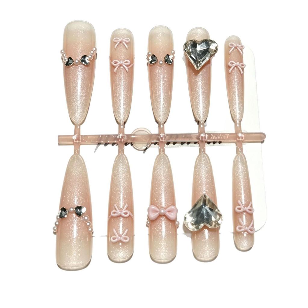 Almond Shaped Milk Tea Apricot Nails with Glitter, 3D Heart, and Large Diamond Art Stickers