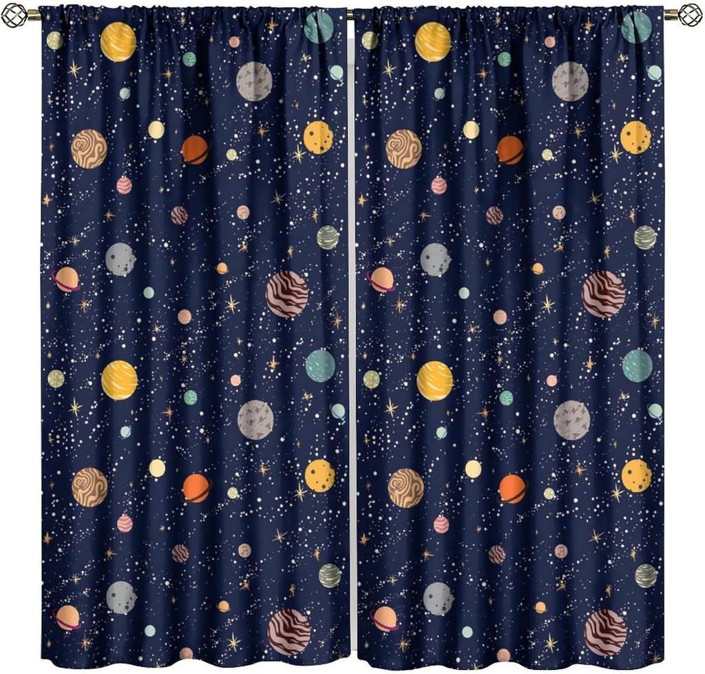Kids Outer Space Curta, Universe Themed Earth Moon Rockets Stars Window Drapes, For Boys Girls Room Bedroom Living Room