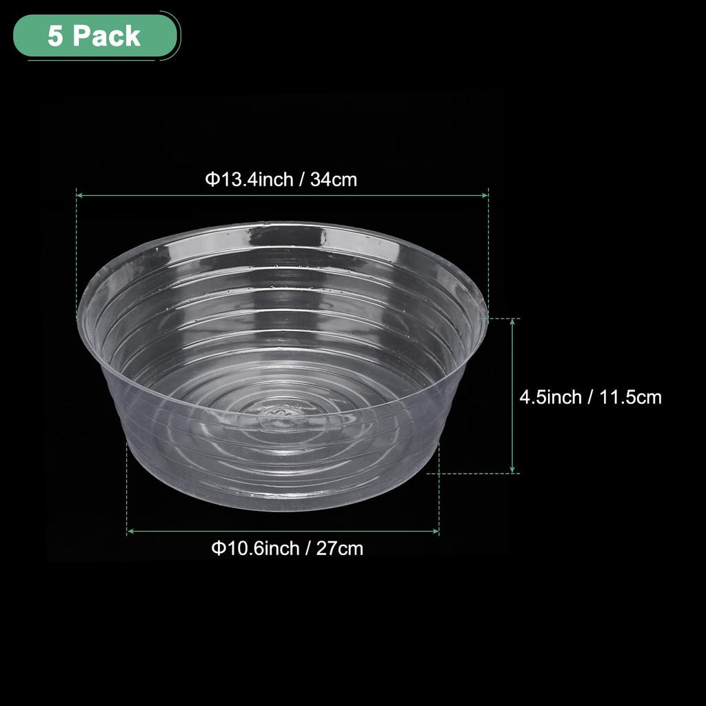 METERXITY 5-Pack 13.4" Plastic Plant Saucers for Indoor/Outdoor Use, Flower Pot Trays, and Drip Pans (Clear)