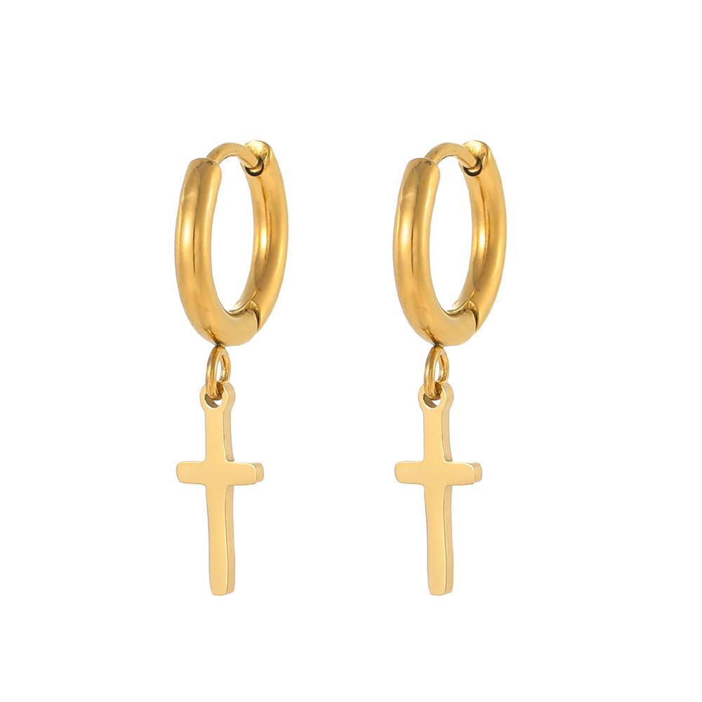 CARLIDANA Gold Plated Punk Style Cross Pendant Earrings Hip Hop Stainless Steel Hoop Earrings for Women Huggie Style-for Gift