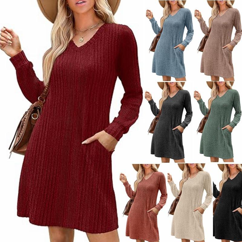 Brushed Ribbed Midi Dress - V-Neck Pocket Long Sleeve