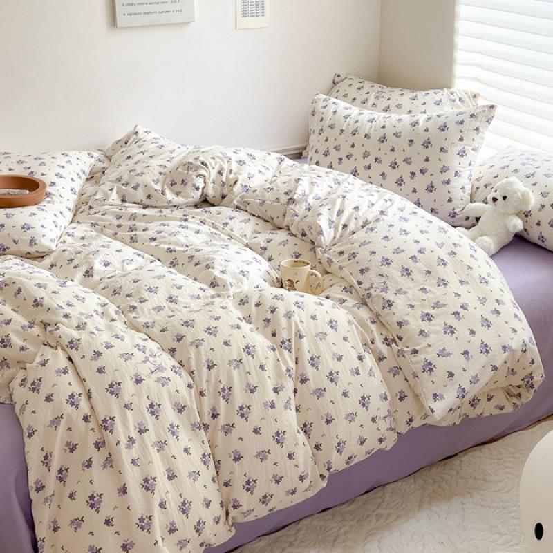 Class A Maternal Infant Grade Washed Cotton Linen 4-Pcs Set Double-Layer Yarn Quilt Cover Dormitory Bed Sheet 3-Pcs Set Household Bedding