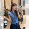 American retro plaid short-sleeved shirt women's summer new pocket waist summer design slim 