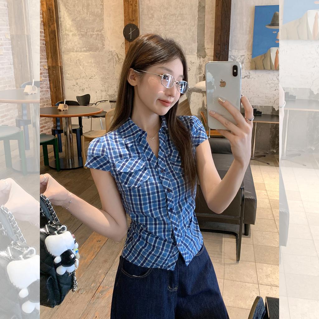 American retro plaid short-sleeved shirt women's summer new pocket waist summer design slim
