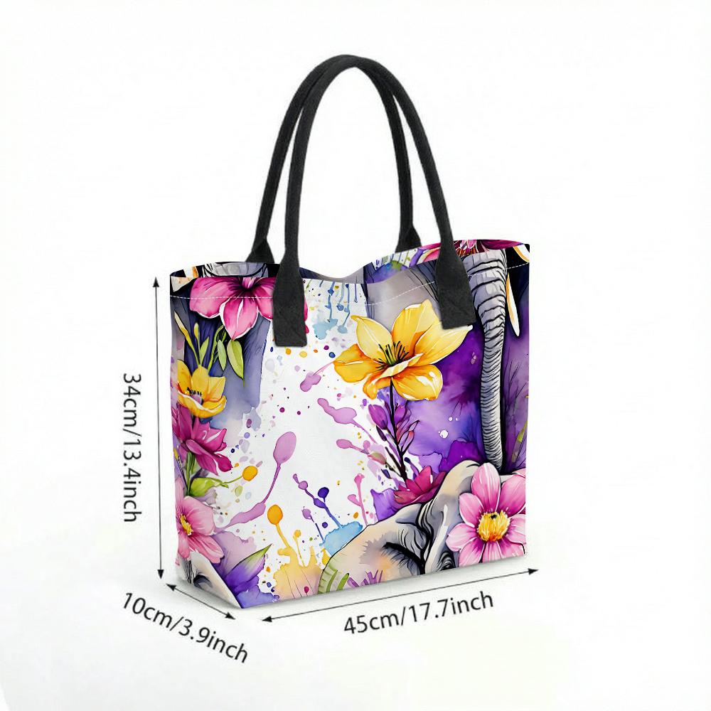 Floral Elephant Print Tote Bag Fashionable Large Capacity Casual Shoulder Bag for Daily Use