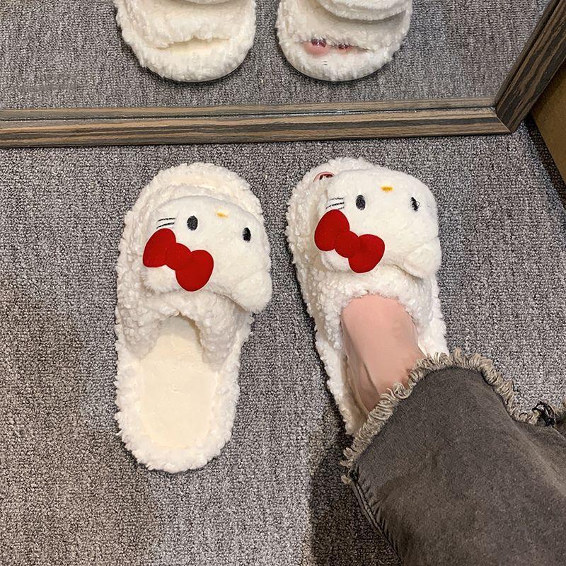 High-value Xiaoxiangfeng flat-bottomed cotton slippers, cute cartoon kitten soft bottom one-word drag girl