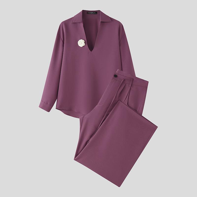 

INCERUN Мужской костюм-двойка с лацканами, V-образным вырезом, длинными рукавами, рубашками с цветочным принтом и брюками, повседневные свободные комплекты 5XL кларет