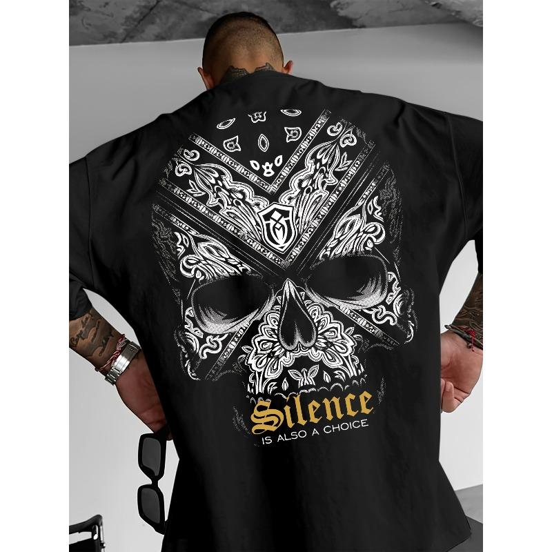 

European sizes New Men s T-Shirt, Dark Fashion! Front IS Silence + Backside Skull Print Short Sleeve Tee – Soft Polyester Fabric Machine 4XL