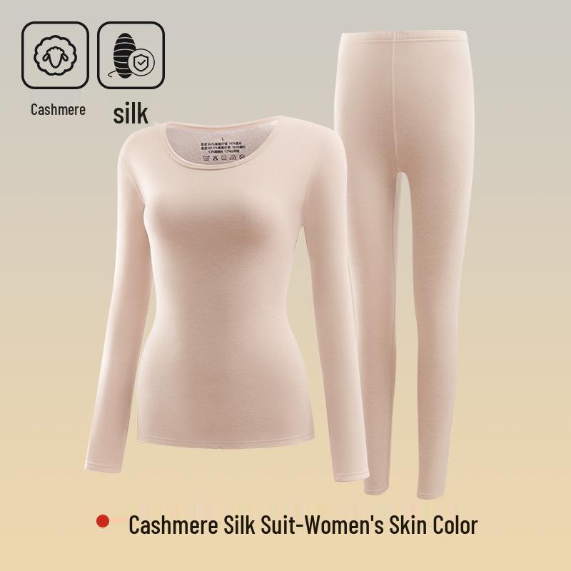 Women's Cashmere Silk Thermal Underwear Set - Seamless, Round Neck, Autumn/Winter Warm Suit for Couples