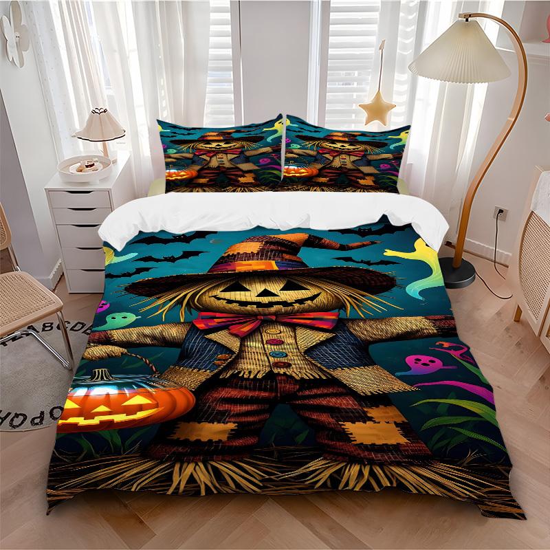 3pcs Halloween Scarecrow Bedding Set - 1 Duvet Cover + 2 Pillowcases(Core Not Included), Machine Washable Polyester, All-Season Comfort, Bed