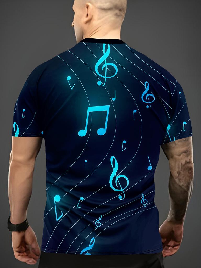 Music Notes 3D Print Men's Round Neck T-Shirt – Stylish Summer Casual Wear for Outdoor Activities, Fitness & Running, Comfortable Everyday Essential,