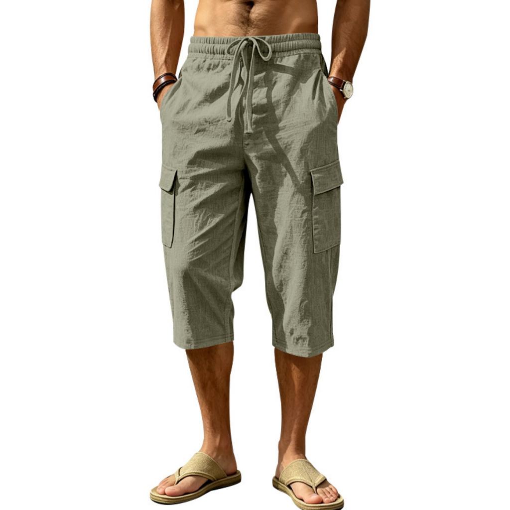 Men Linen Casual Outdoor Cargo Seven Shorts Multi Pocket Loose Fit Lightweight Drawstring Waist