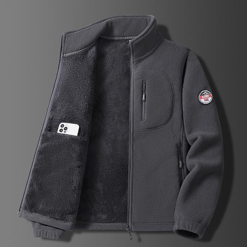 Men s Plush Fleece Jacket - Thick, Warm, Windproof Cardigan for Autumn/Winter with Stand Collar. XL серый
