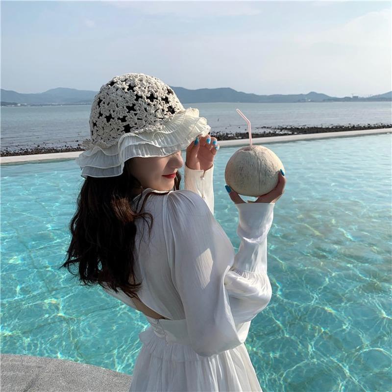 Fashion Woman Lace Knit Hollow Bucket Hats Crochet Thread   Flower Cute Girls' Sweet Romance Sunshade Knitted Breathable Hats