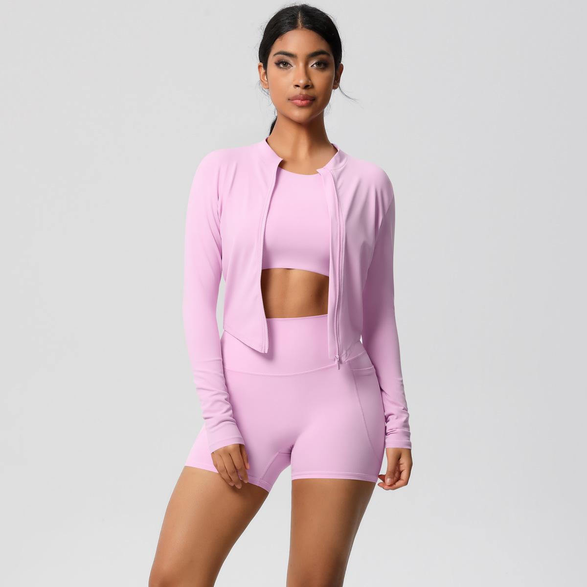 

Solid Color Tight Fitting Cloud Textured Pocket Yoga Suit Set, Quick Drying Exercise Set, Outdoor Leisure Running Fitness Three Piece Set, Women S XL