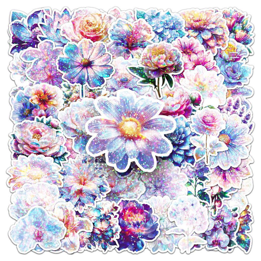 50PCS Flashing Flower Sticker Laser Plant Flower Creative Holographic Waterproof Decorative Phone Computer Sticker
