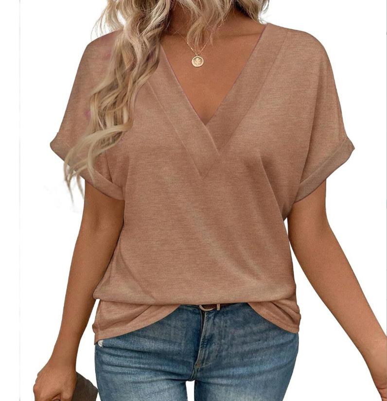 Summer V Neck Tops for Women Short Sleeve Fashion Loose Fit T Shirts Basic Tee 2025