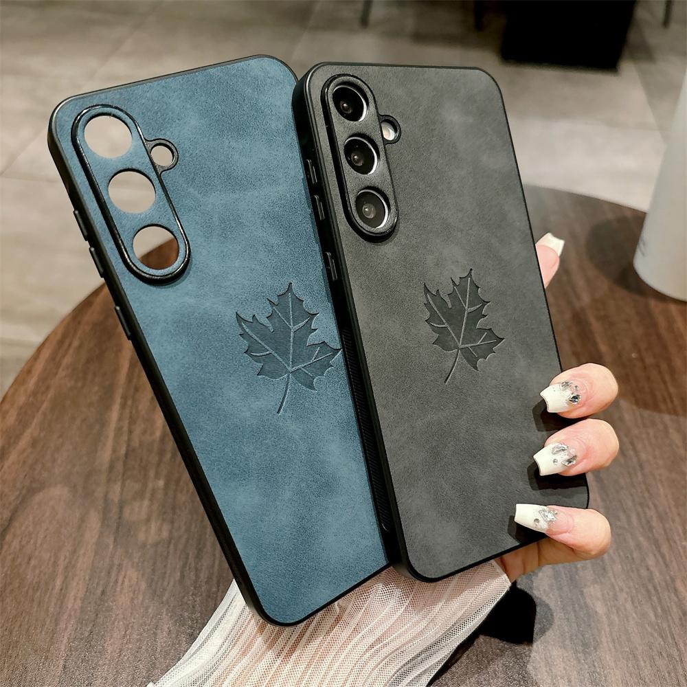 Lambskin Leather Maple Leaves Case for Samsung S26 S25 S24 S23 S22 S21 Plus Ultra FE A55 A54 A53 A35 A34 A25 A24 A23 A15