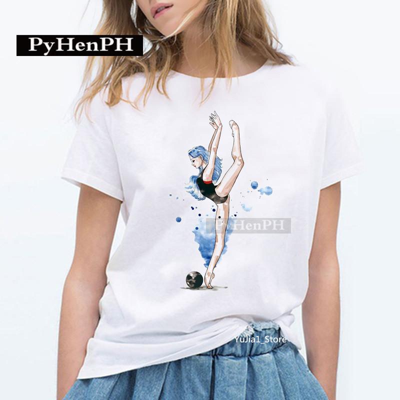 Elegant Ballet Print Short Sleeve T-shirt Women's Slim Fit Summer Top Modal Fabric Student Girl Fashion Polyester