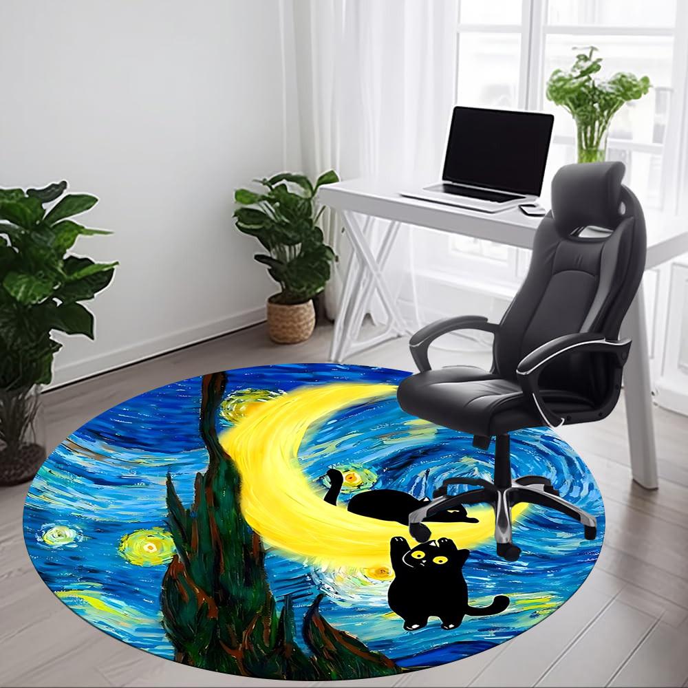 1pc Moon Cats Office Round Area Rug, Under Office Chairs Bedroom Living Room Home Decor, Room Deco, Available In Various Sizes