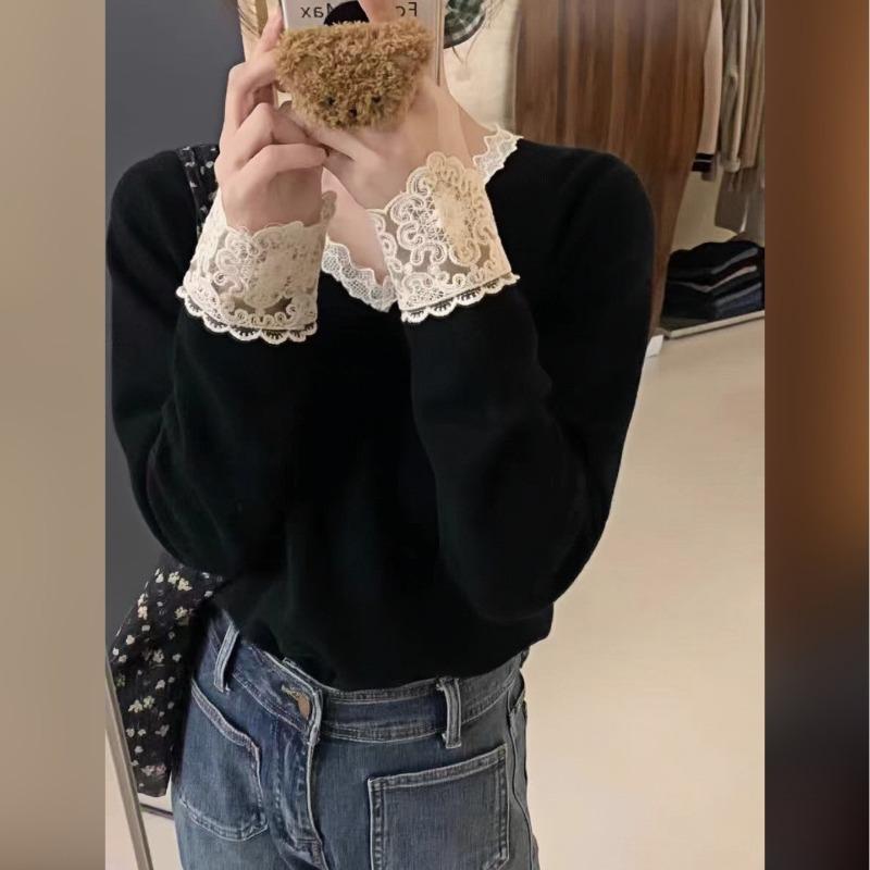 

Lace v-neck knitted sweater women s autumn and winter slim-fitting waist long-sleeved inner top soft waxy backing fashionable sweater L чорний