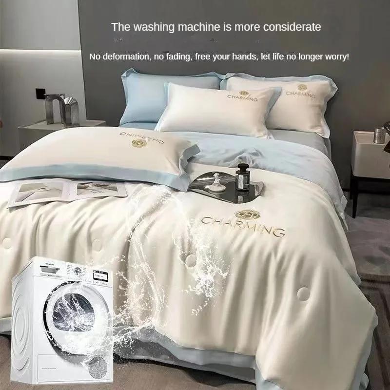 100% Washed Silk Summer Quilt Embroidery Smooth Ice Cooling Comforter for Bed Silky Solid Blanket Soft Cool Summer Blanket