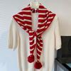 Handmade Striped Wool Scarf with Removable Pompon - Red Triangle Shawl for Christmas