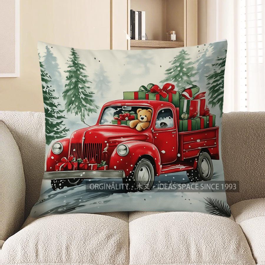 Home Decor Christmas Red Truck with Dog Throw Pillow Pattern Cushion Cover Suitable for Sofa Bedroom Car Pillow Cover
