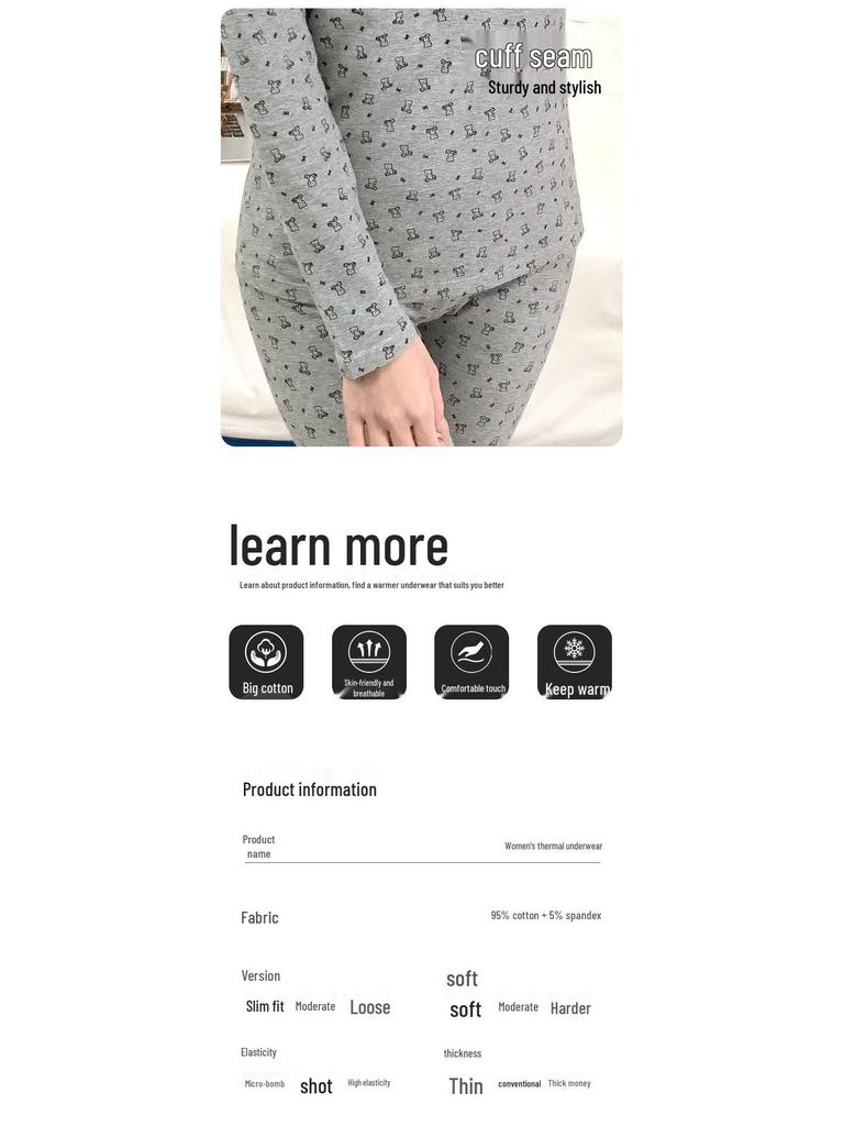 Women's Pure Cotton Long Sleeve Pajama Set - Autumn/Winter Warm Base Layer