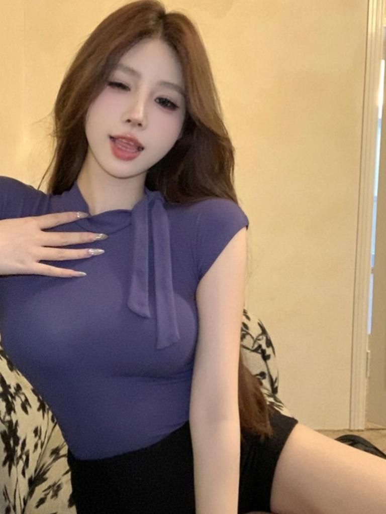 Scarf Collar Short-sleeved T-shirt Summer Women's Clothing Sexy Pure Desire Spice Girl Temperament Women's Taste Chest Slim Short Top