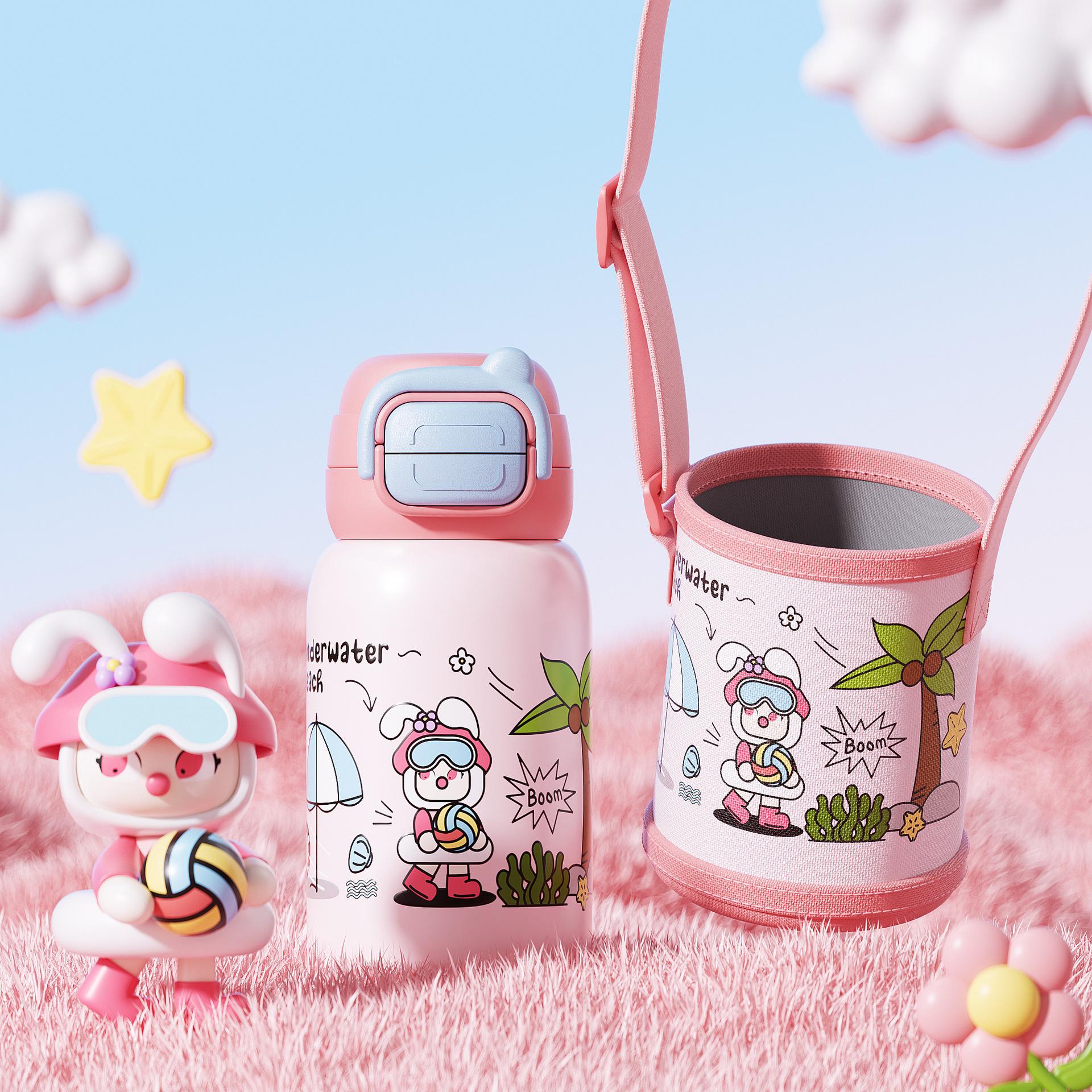 

Children s thermos cup with one cover and double drinks, smart display warm water cup, student portable strap cup 500ml