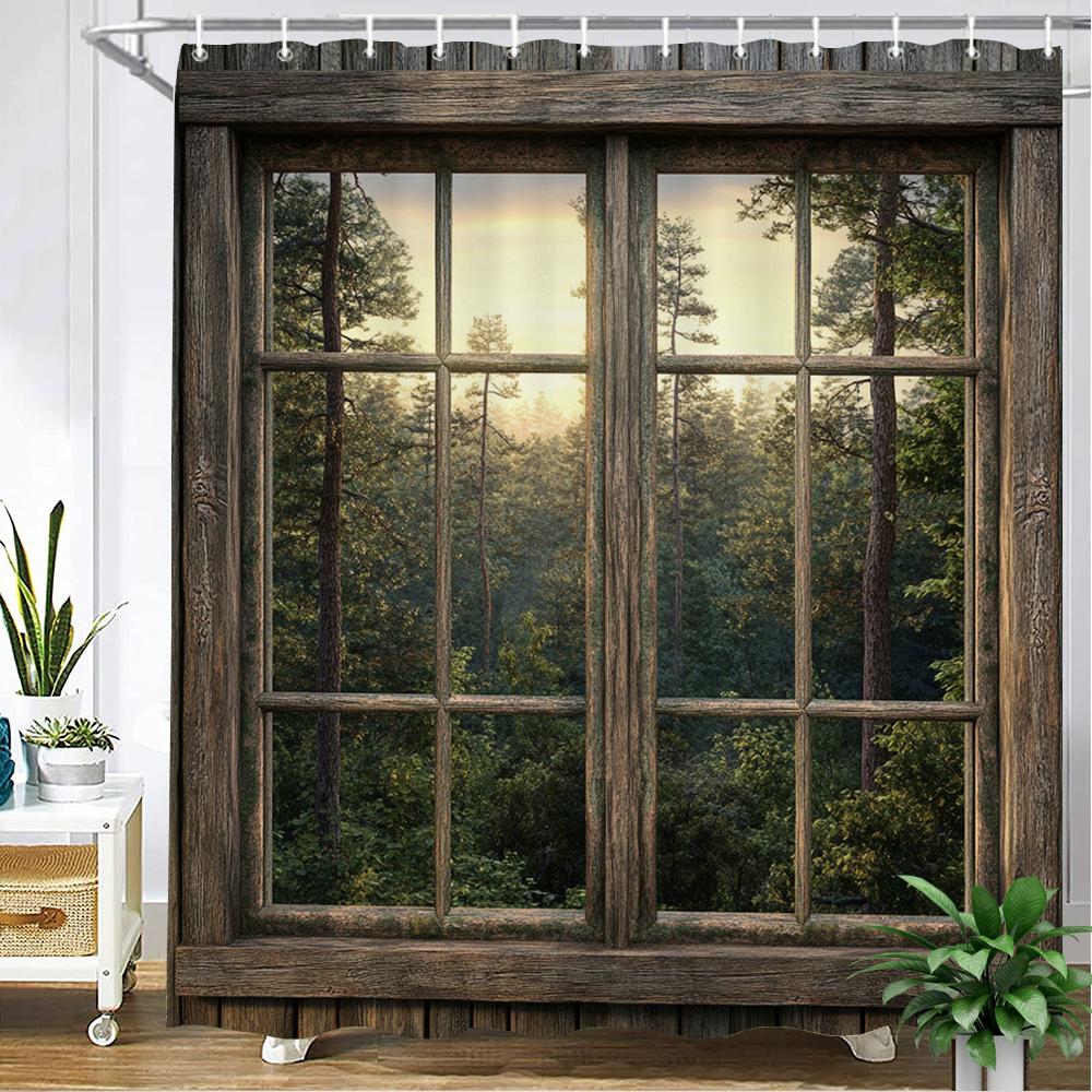Forest Scenery Outside the Window Shower Curtain Bath Curtain Landscape Printed Bathroom Curtains for Home Decoration Curtain