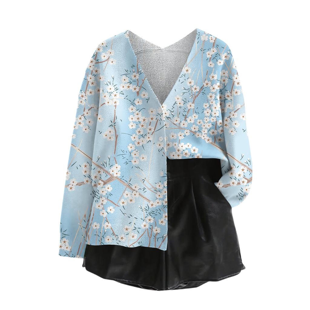 Women's V Neck Top Printing Thickened Plush Cashmere Warm Long Top