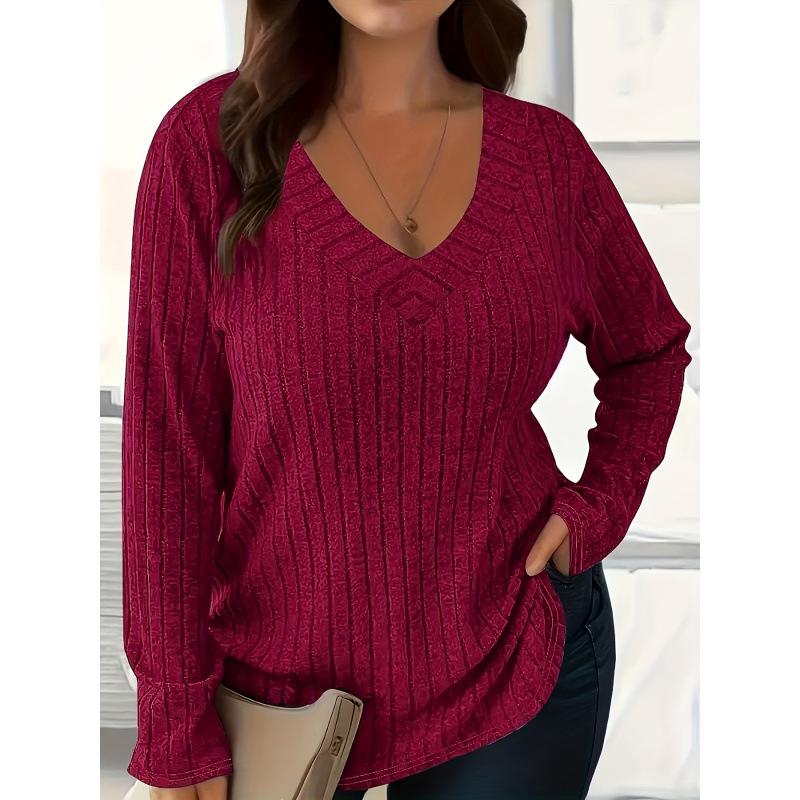 

Women s Striped Ribbed Fleece Cotton T-shirt 1XL багровый