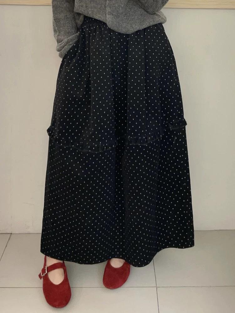 Вельветовая юбка-миди в горошек корейского стиля с высокой талией для осени/зимы Large