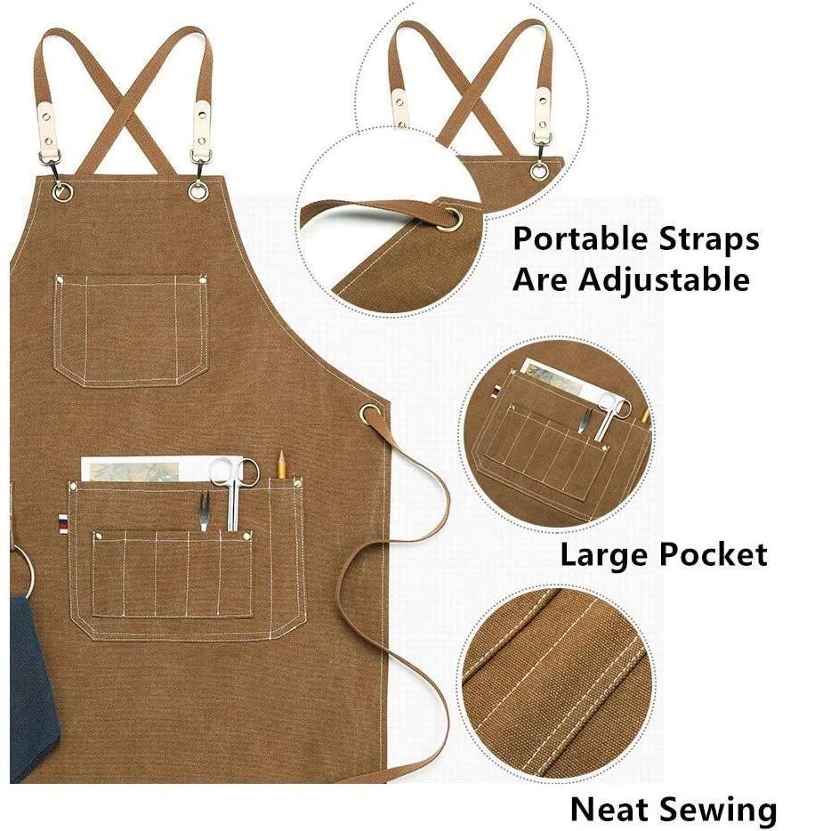Kitchen Apron Heavy Duty Canvas Barber Work Aprons Unisex Cross Straps Adjustable Salon Hairdresser Bib PU Leather Apron for Men